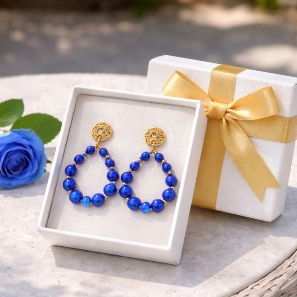 Cobalt Blue Beaded Hoop Drop Earrings Gold Tone Textured Stud Statement Jewelry‎